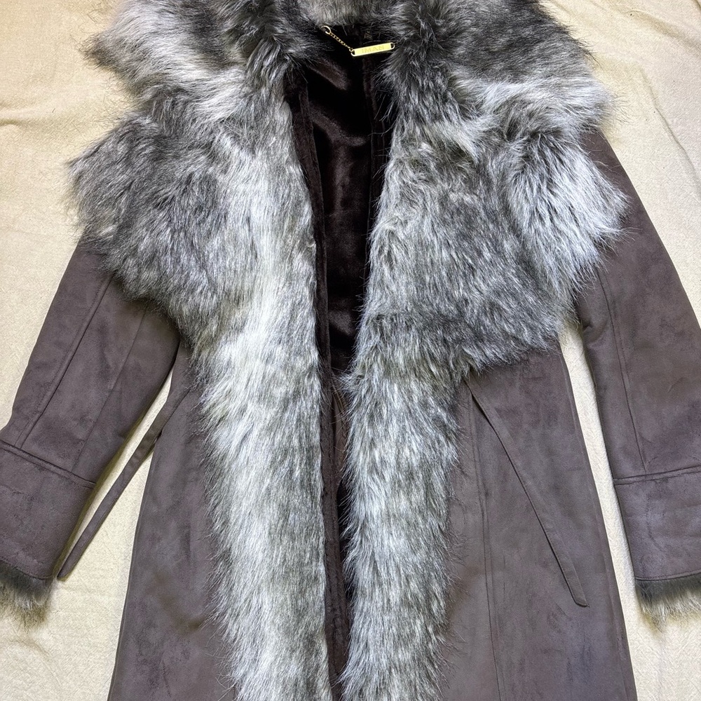 RARE FIND Gray Faux Fur Trimmed Coat
